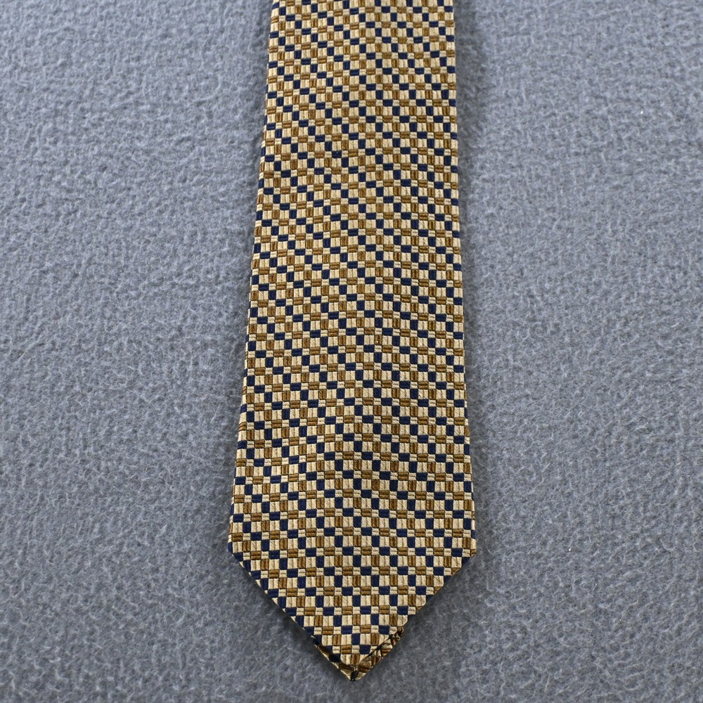 Bugatti Mens Geometric Check Silk Necktie OS Gold Blue Vintage Made in USA
